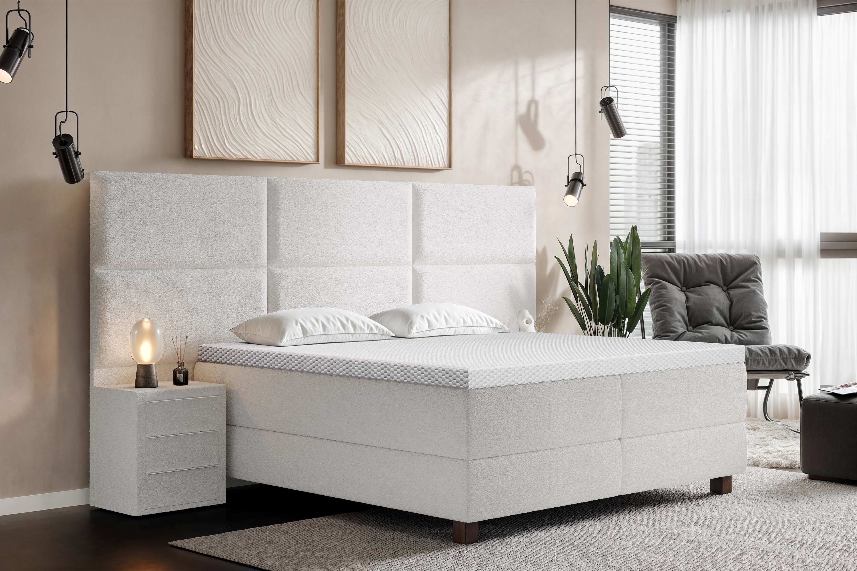 Di-Lara® Athene Boxspringbett mit Matratze und Topper inkl. 2 Nachtkommoden