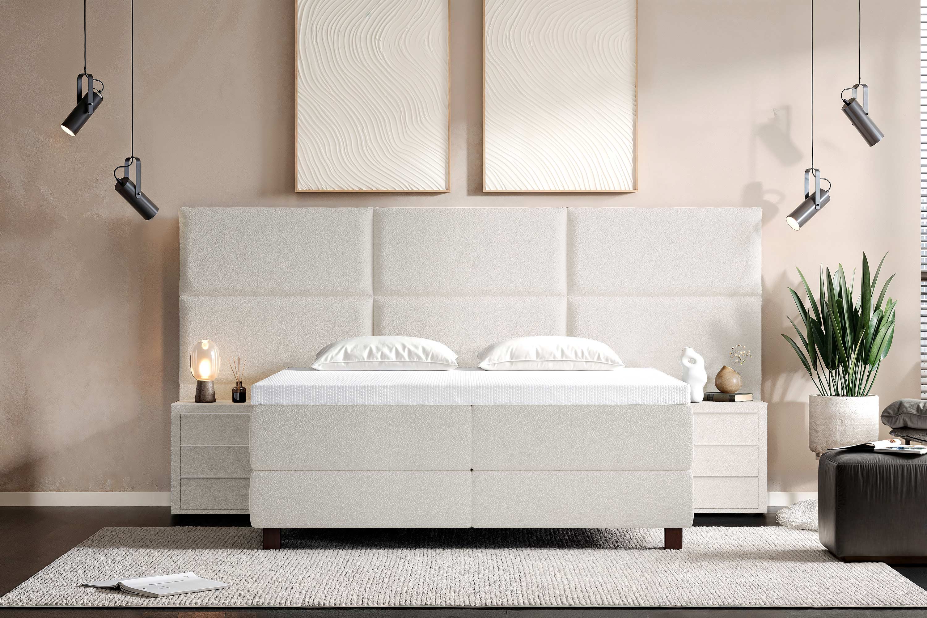 Di-Lara® Athene Boxspringbett mit Matratze und Topper inkl. 2 Nachtkommoden