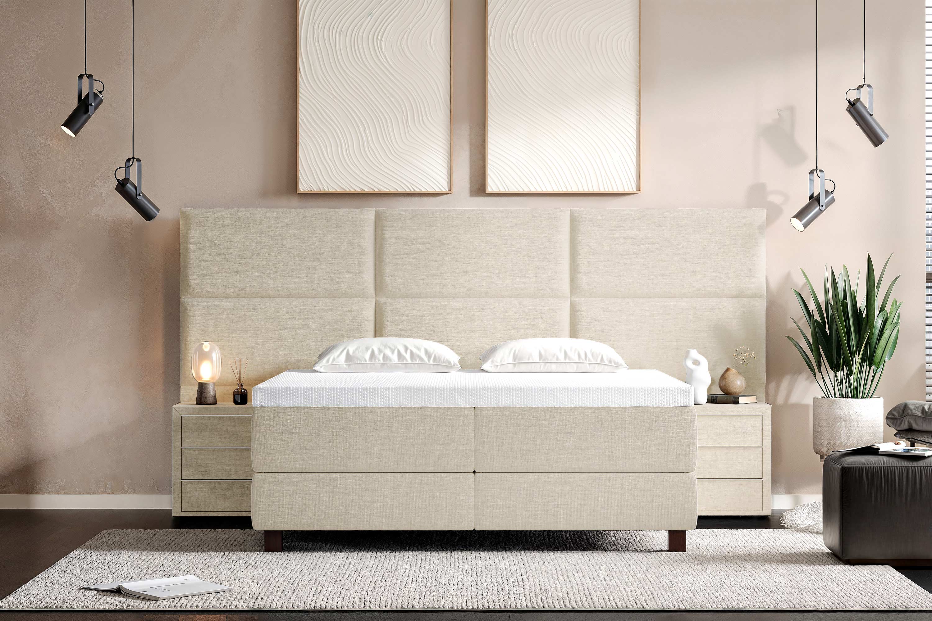 Di-Lara® Athene Boxspringbett mit Matratze und Topper inkl. 2 Nachtkommoden